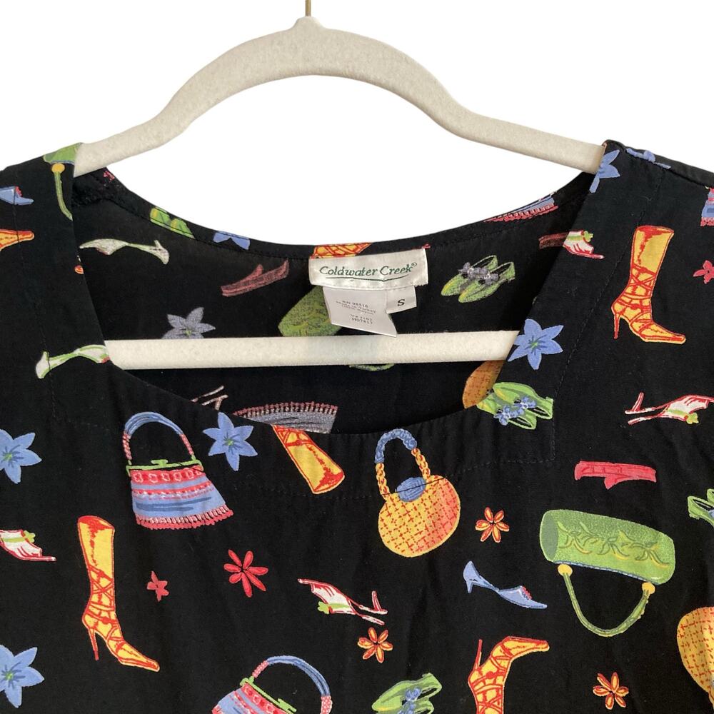 Vintage Y2K Coldwater Creek Black A-Line Dress Whimsical Print Sz Small Rayon - Picture 14 of 16